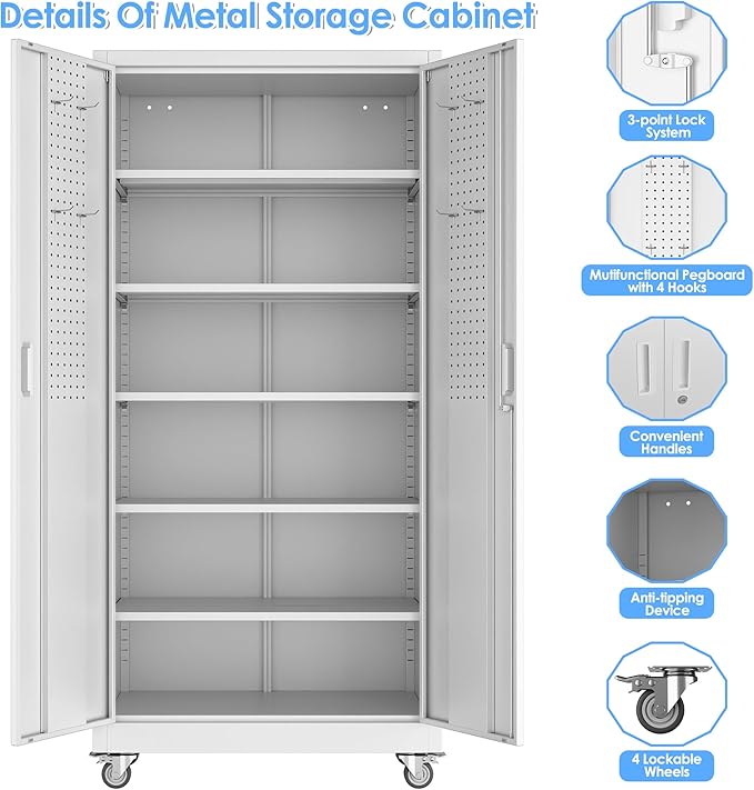 71" H Metal Garage Storage Cabinet with Wheels,Lockable Rolling Steel Storage Cabinet with 5 Adjustable Shelves and Pegboard for Garage, Office, Home, Assembly Required（White）