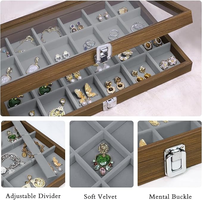 Stratalife Jewelry Organizer Vintage Jewelry Display Case Earring Box Wood Ring Storage with Lid Earrings Holder for Women Drawers 24 Grid
