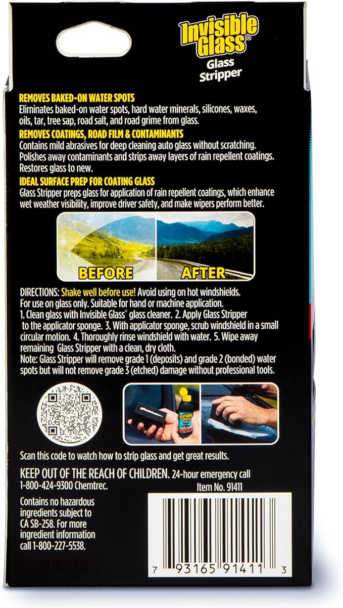 Invisible Glass 91411 Glass Stripper – Hard Water Spot Remover – Strips Coatings, Waxes, Oils & Road Film – Preps Windshields for Rain Repellent & Ceramic Coating – 4 Fl Oz