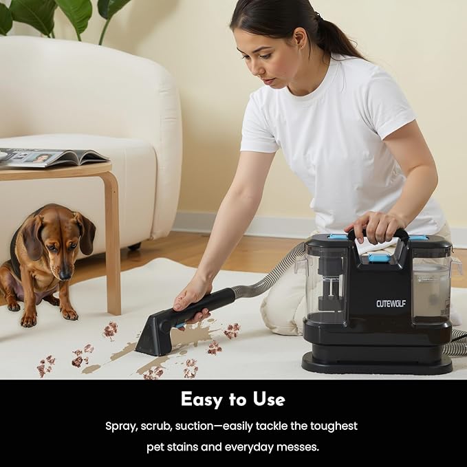 Cutewolf Portable Carpet and Upholstery Cleaner, Powerful Suction Carpet Cleaner with Dual Brush Heads, Deep Stain, Spot & Odor Remover for Carpets, Area Rugs, Couches, Auto Interior (Black)