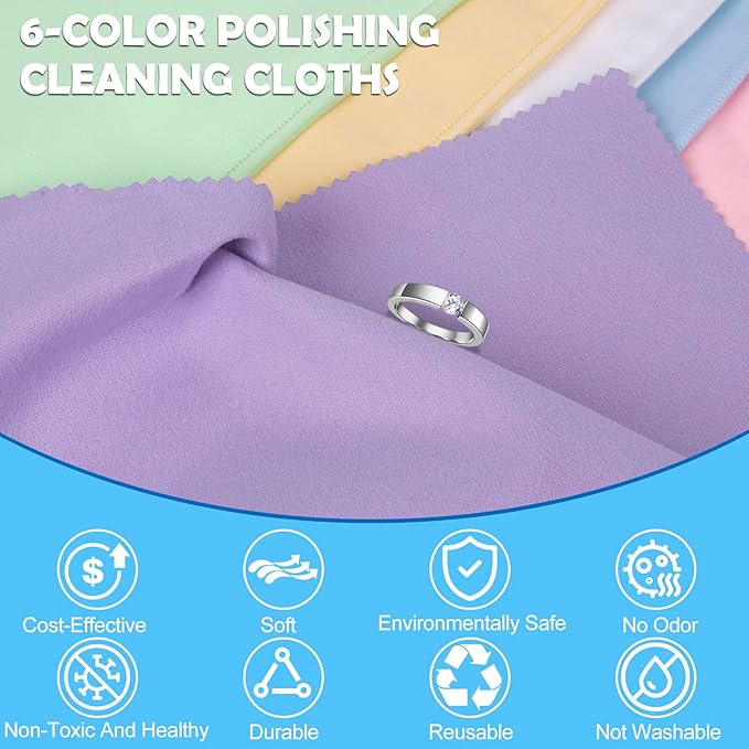 Builimeer 6 PCS Jewelry Polishing Cloths, 10x12 Inch Soft Pure Cotton Polishing Cloths for Cleaning Gold, Silver, Platinum, Diamond, Stainless Steel, Keeps Clean and Shiny (6 Light Colors)
