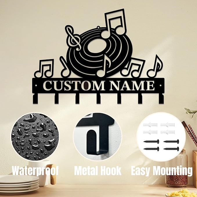 Personalized Custom Music Wall Hooks,Metal Music Room Art Clothes Hooks,Metal Music Wall Home Storage Decorative,For Front Door, Hallway, Kitchen, Bedroom,Keys,Hats (Style A)