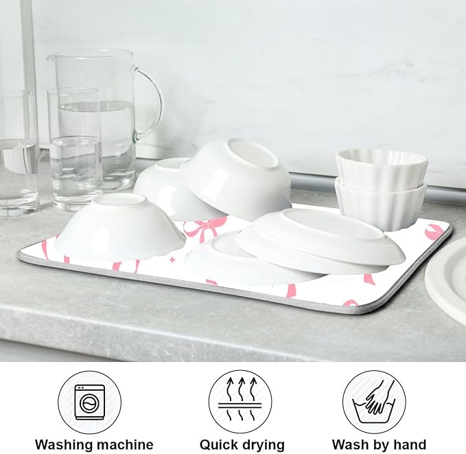 Pink Bow Bowknot Dish Drying Mat for Kitchen Countertop 16x18 Rectangle Small Drying Mat Reusable Quick Dry Dish Sink Absorbent Mats Dishwasher Easy Clean Decorative Home Decor Essentials