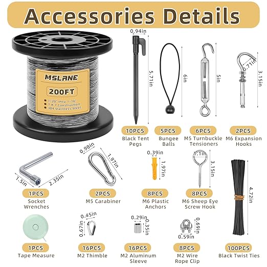 MSLANE 1/16" Black Wire Rope Kit 200FT 304 Stainless Steel Vinyl Coated with M5 Turnbuckles, 7x7 Strand Core Aircraft Cable for String Light, Picture Hanging, Clothesline, Curtain, and Plant Trellis