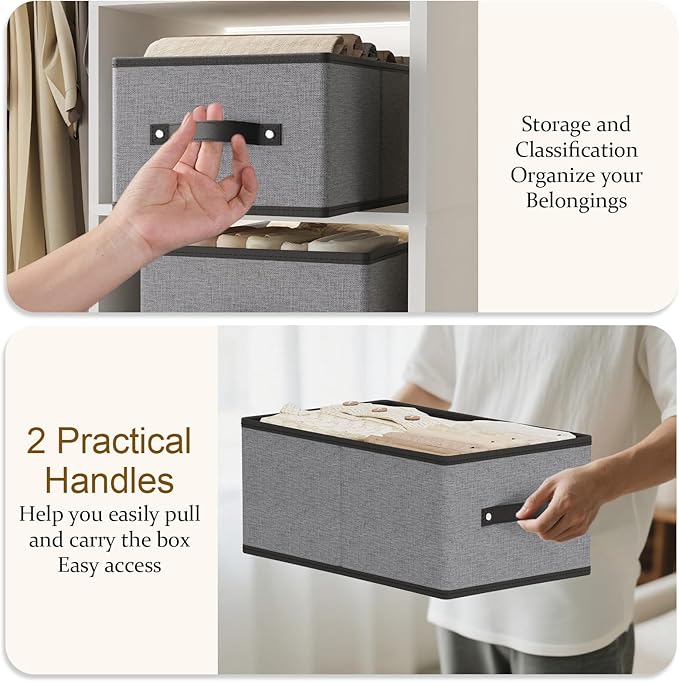 Foldable Storage Bins with Handles, Fabric Storage Cubes for Organizing, Decorative Linen Closet Organizers, 18.5 × 11 × 7.9 Inch, Gray, 4-Pack