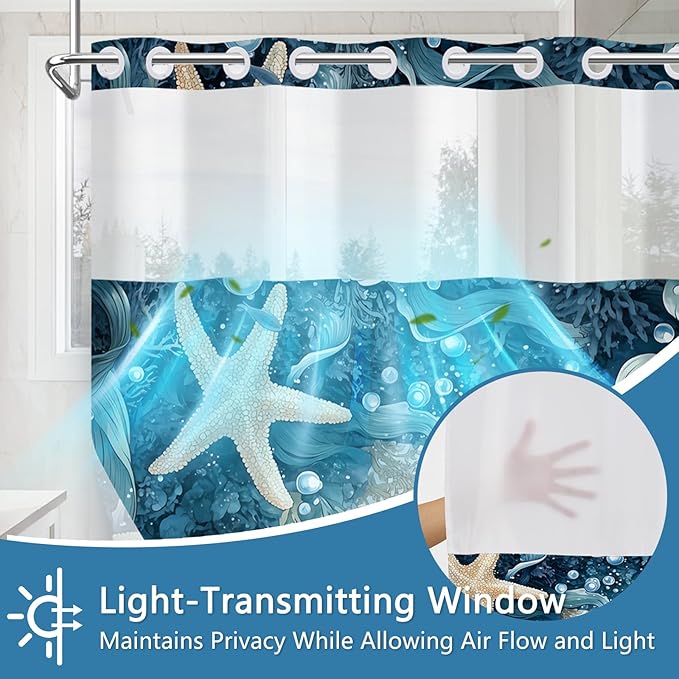 No Hook Spa-Like Ocean Shower Curtain, Blue Shower Curtains for Bathroom with Snap in Weighted Shower Curtain Liner and See Through Window, Starfish Nautical Bathroom Decor, 71x74 Inches