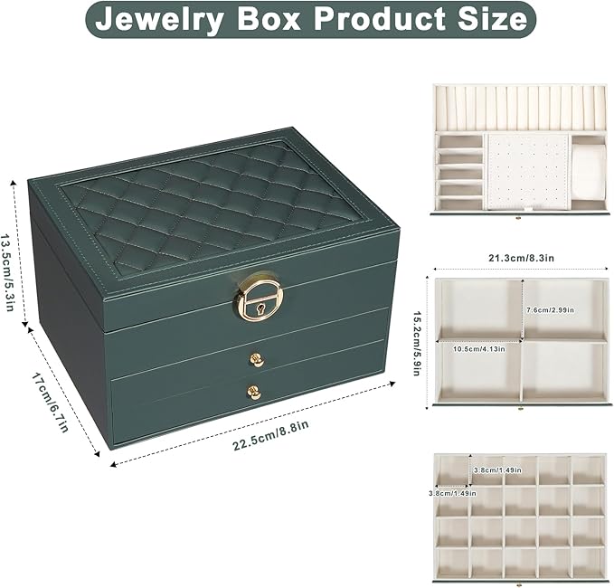 GUOER Jewelry Box for Women Girl Wife 3 Layers Large PU Leather Jewelry Organizer Storage Case with Two drawers Display for Earrings Bracelets Rings Watches (Hunter Green)