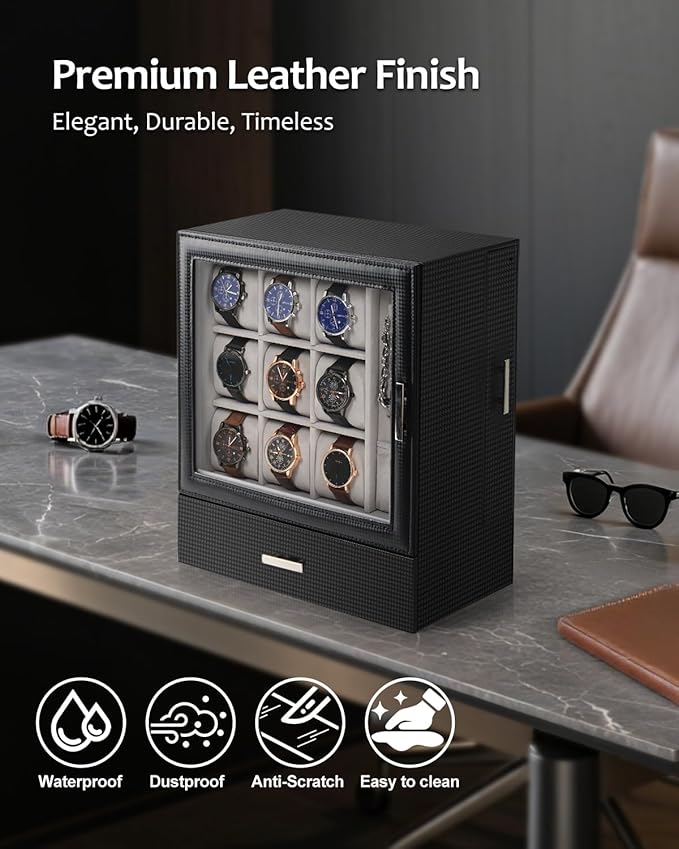 Jenseits 9-Slot Watch Box, Mens Jewelry Box with Glass Lid and Drawer, Leather Watch Organizer for Watches, Sunglasses, Vertical Watch Case Holder for Men Women, Gift Idea