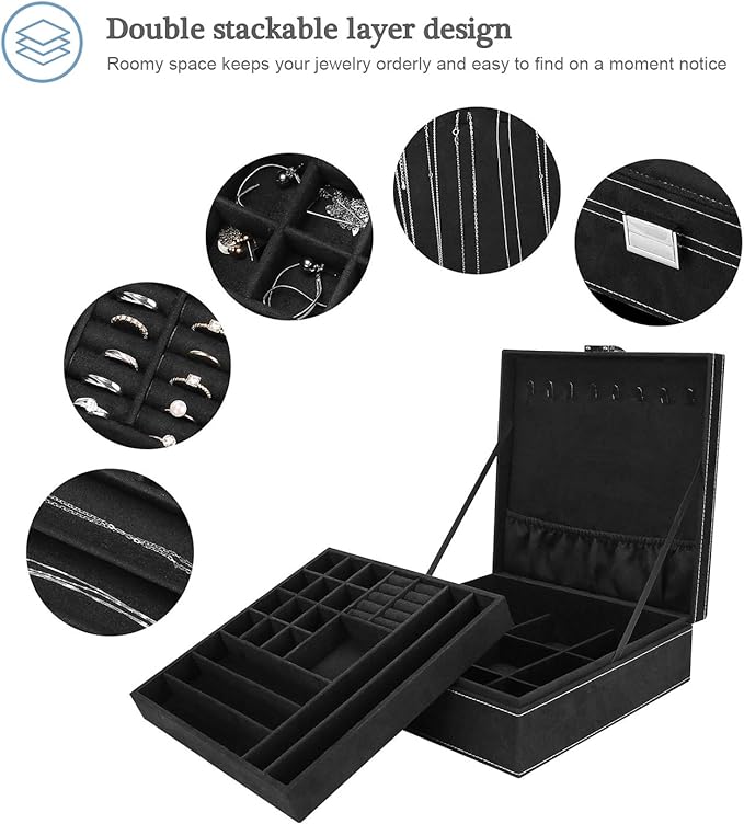 ProCase Velvet Jewelry Box Organizer for Women Father's Day, 2 Layer Jewelry Display Storage Holder Case for Necklace Earrings Bracelets Rings -Black