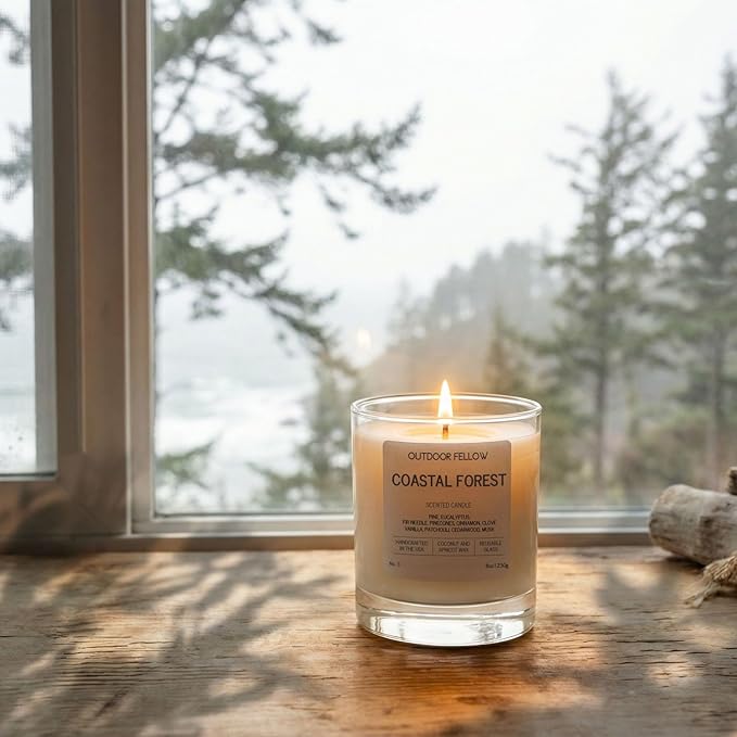 Outdoor Fellow Coastal Forest Scented Candle, 8oz, Coconut & Apricot Wax Blend, Pine, Eucalyptus, Cedarwood, Reusable Glass, 40-50 Hour Burn Time