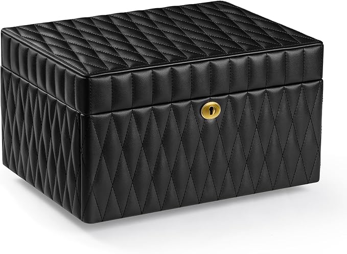 Genuine Leather Jewelry Box - 3 Layer Large Jewelry Organizer with Mirror, Lockable Jewelry Box for Women - Necklace, Ring, Earring Organizer with Drawer - Valentine's Day Gift (Black)