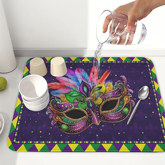 Wnoesat Mardi Gras Dish Drying Mat for Kitchen Counter Masquerade Mask Feather Dishes Drying Mat Microfiber Absorbent Reusable Washable Dishes Drainer Rack Mats 16x18 Inch
