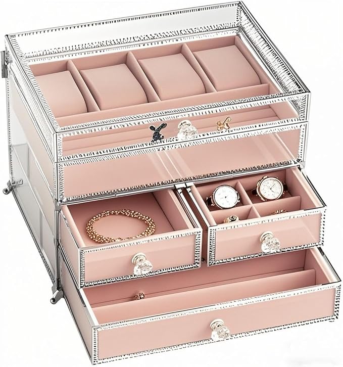 Hersoo Luxury 3-TierSilver Stackable Jewelry Organizer&Display Case,Premium Modular Storage for High-end Jewelry with Removable Pink Velvet,Elegant Jewelry Showcase