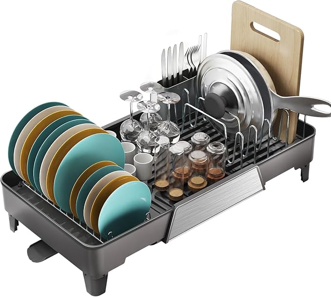 FOXHIVE Large Expandable Dish Drying Rack, Dish Racks for Kitchen Counter, Space Saving & Rust Resistant Dish Drainer with Removable Drainboard & Utensil Holder, Adjustable Length 16.4 to 24.4 Inches