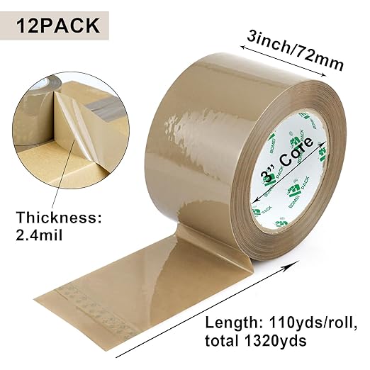 BOMEI PACK 3inch Brown Packing Tape, 12 Refills Rolls Wide Packaging Tape for Moving, Shipping and Storage, 2.4 Mil x 110 Yards