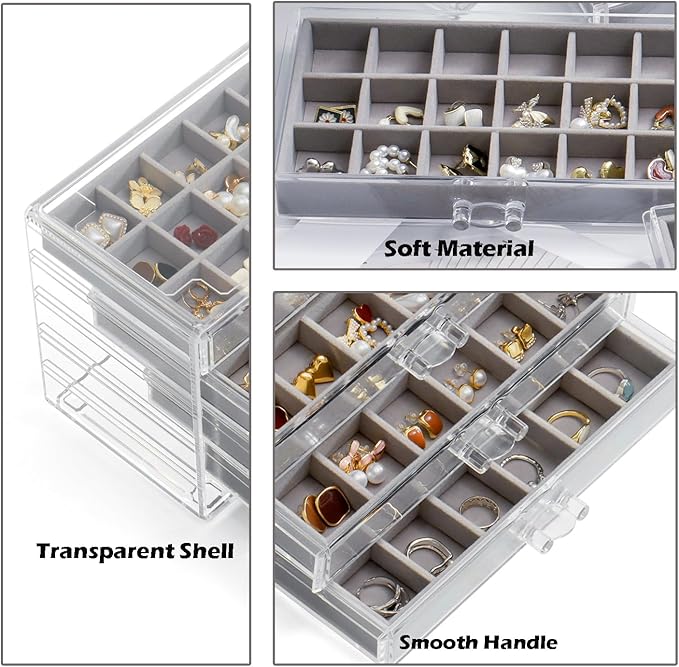 Jewelry Organizer with 5 Drawers Clear Acrylic Earring Display Case Velvet Jewelry Storage Box Display Holder for Earring Ring Bracelet Necklace (Gray, 90 Grids)