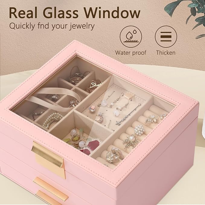 3-Layer Jewelry Box for Women, Jewelry Organizer with Glass Lid and Drawers, Jewelry Organizers and Storage for Necklaces, Rings, Earrings, Bracelets - White/Green/Black/Pink