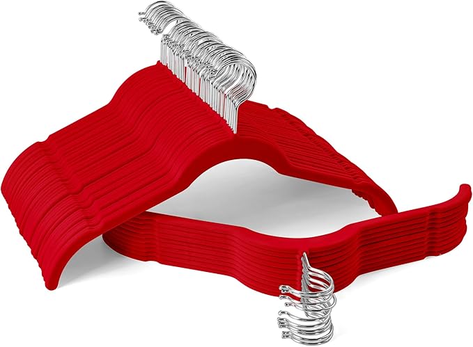 Sishynio Velvet Hangers 50 Pack – Slim Non-Slip Flocked Hangers with 360° Swivel Hook, Space-Saving Closet Organizer for Dresses, Blouses, Coats(Red)