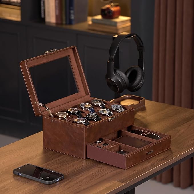 ProCase Watch Box for Men, Jewelry Organizer Box with Drawer, Display Storage Case with Glass Lid -Brown, 8 Slot