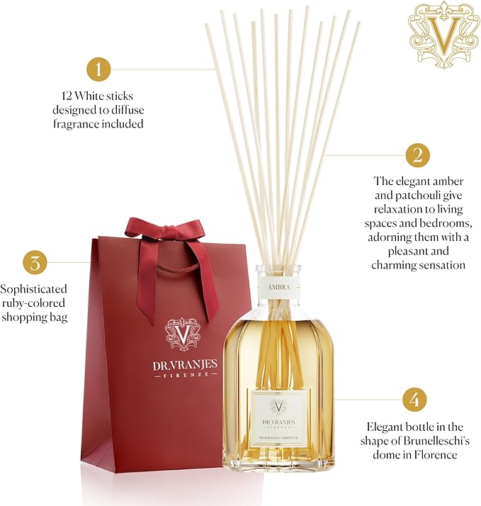 Dr. Vranjes - Ambra 500 ml Reed Diffuser + Elegant Shopping Bag, Luxury Home Fragrance, Made in Italy, Amber, Patchouli, Sandalwood