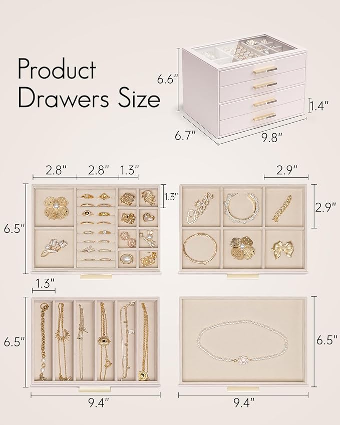 Vlando Jewelry Box for Women Girls,Jewelry Organzier,4 Drawers,Glass Lid Jewelry Display Storage for Gem Diamond Necklaces Rings Earrings Bracelets Apricot White