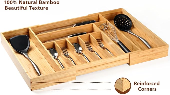 Umilife Extra Large Expandable Kitchen Siverware Utensils Drawer Organizer, 19" Deep for Big Drawer, Adjustable Bamboo Wood Drawer Divider with Curved Grooves, Cutlery Tray Flatware Holder