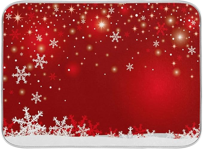 Christmas White Snowflake On Red Background Dish Drying Mat 18x24inch Dish Drainer Kitchen Counter Mats Bottles Dish Dry Pad Protector for Kitchen Countertops