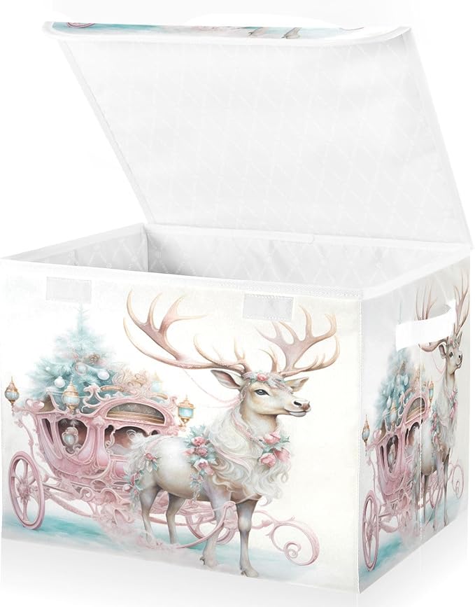 senya Christmas Baskets Collapsible Storage Bins with Lids, Pink Christmas Elk Storage Boxes Clothes Baskets for Organizing