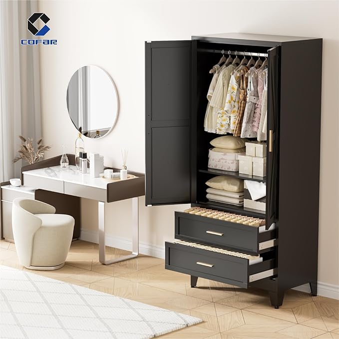 COFaR Metal Armoire Wardrobe Closet with Drawers, 71'' Tall Farmhouse Bedroom Armoires with Doors, Freestanding Steel Wardrobe Garage Closet for Bedroom Home Office Garage, Black