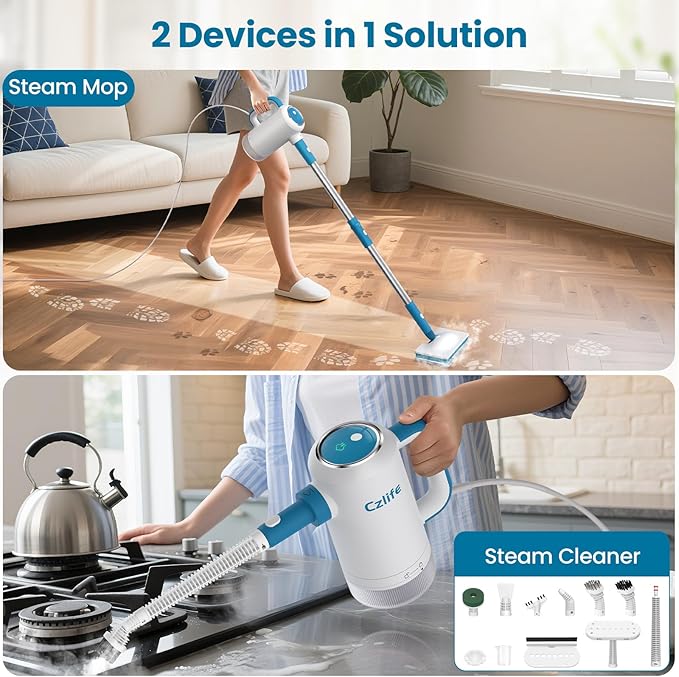 Czlife 13-in-1 Steam Mop, Handheld Steam Cleaner for Home and Floor Cleaning, Floor Steamers for Hardwood and Tile with Attachments, Electric Mop for Grout Laminate Couch Clothes Carpet, Corded