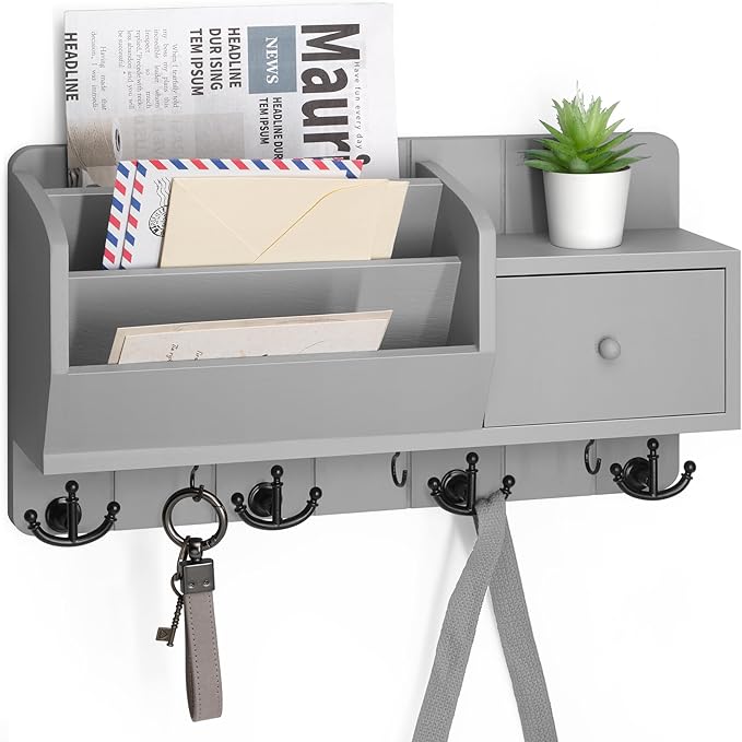 Rebee Vision Key Holder Wall Mount with Mail Sorter and Drawer Organizer - Modern Mail Organizer Wall Mounted with Wall Hooks - Home Organization for Apartment Essentials (Light Gray)