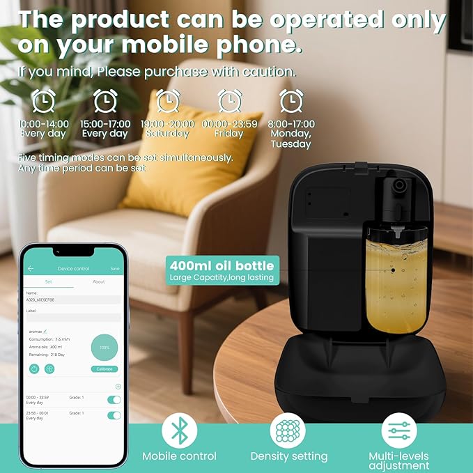 2025 Upgraded 2000 Sq.Ft Coverage HVAC Waterless Essential Oil Diffuser with Bluetooth Control, 400ML Capacity for Whole House, Home, Hotel, Smart Scent Air Machine, Cold Air Tech (No Oils) Black
