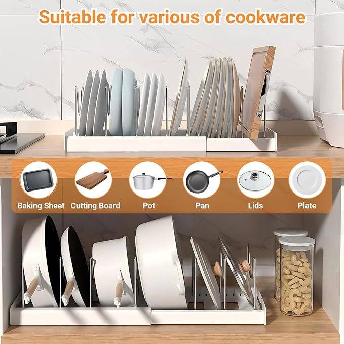 Beruyu Expandable Pot and Pan Organizer Rack for Cabinet, Pot Lid Organizer Holder with 7 Stainless Steel Adjustable Dividers for Kitchen Cabinet Organizer and Storage (White)