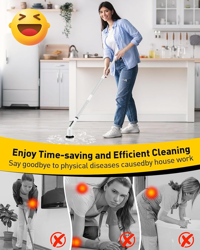 Electric Spin Scrubber for Cleaning Bathroom, Shower Scrubber Cordless Cleaning Brush with IPX7 Waterproof & 2 Speed, 3 Brush Heads, Bathroom Cleaning Supplies for Shower Tub Kitchen Tile Toilet White