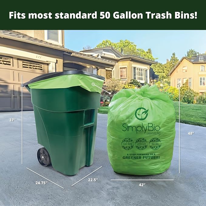 Simply Bio 50-55 Gallon Compostable Trash Bags Liners Flat-Top, Heavy Duty Extra Thick 2 Mil, 208.2 Liter, 12 Bags, Lawn, Yard, and Restaurant Use, ASTM D6400, US BPI, OK Compost Home Certified