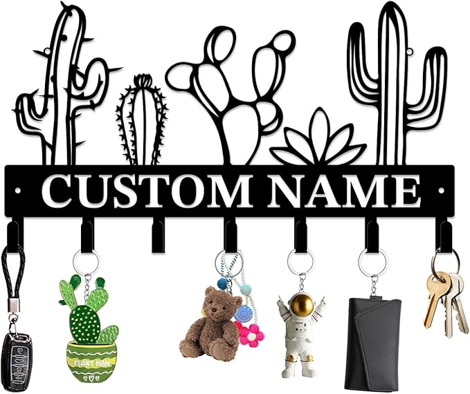 Personalized Custom Name Cactus Wall Keys Hooks,Metal Cactus Art Clothes Hooks,Metal Cactus Lover Wall Home Storage Decorative,For Front Door, Hallway, Kitchen, Bedroom,Keys,Hats (Style E)
