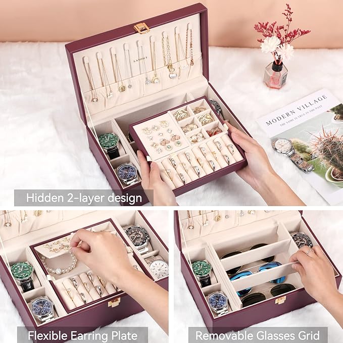 LANDICI Jewelry Box Organizer for Women, 2 Layer 4 Slot Watch Storage Case with Removable Tray, PU Leather Large Jewellery Holder Display for Watches Sunglasses Rings Earrings Necklace, Purple