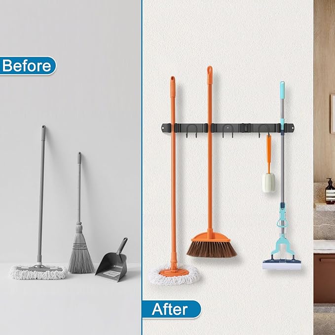 Broom Holder Wall Mount, Stainless Steel Mop Hanger with 4 Slots 6 Hooks, Tool Storage Wall Organizer for Kitchen Garden Garage Laundry Room Bathroom and RV, Black 1-Pack