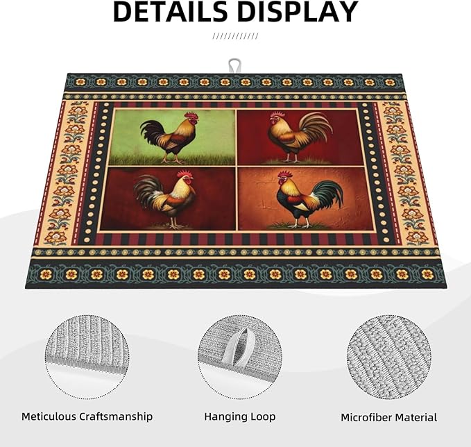 Retro Chicken Dish Drying Mat 18x24 For Kitchen Counter Absorbent Microfiber Dishes Pad Dish Drainer Rack Mats Fast Dry Kitchen Accessories