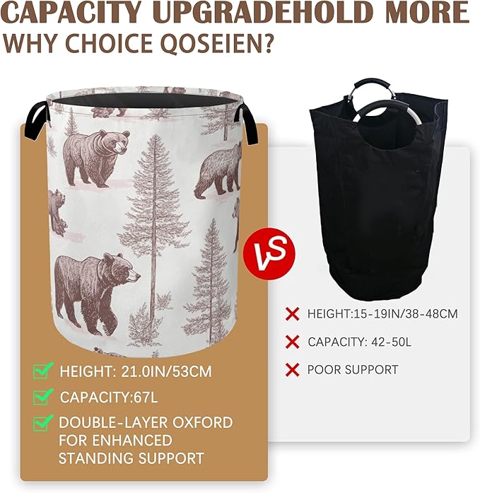 Large Laundry Basket,Retro Bear Collapsible Laundry Baskets,Forest Printed Waterproof Oxford Hamper with Handles for Bathroom Bedroom Nursery Home Storage 16"x20"