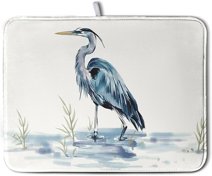 Kwlegh Summer Dish Drying Mat Blue White Heron Beach Absorbent Microfiber Drying Mats for Kitchen Counter Coastal Nautical Birds Dishes Drainer Mat Extra Large 18x24 Inch