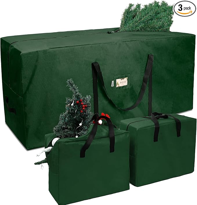 Christmas Tree Storage Bag 9 ft (3pc Set), Fits Up to 9 Foot Artificial Trees, 600D Oxford Tear-proof Xmas Tree Bag, Reinforced Handles&Zippered&Durable, Holiday Decoration Storage Bags, Green
