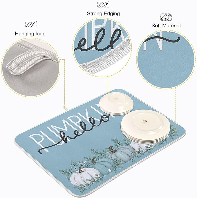 Fall Pumpkin Aqua Blue Dish Drying Mat for Kitchen Countertop 16x18 Eucalyptus Leaves Turquoise Autumn Small Drying Mat Reusable Quick Dry Dish Sink Mats Easy Clean Decorative Essentials