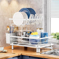 GAOKASE 2 Tiers Dish Drying Rack, Space-Saving Dish Racks for Kitchen Counter, Dish Drainer Drying Rack with Drainboard, Utensil Holder Cups Holder and Adjustable Swivel Spout, White