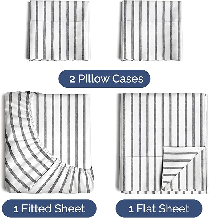 Twin 4 Piece Sheet Set - Comfy Breathable & Cooling - Soft Hotel Luxury Bedding Set with 8-16 Inch Deep Pockets - 1 Flat & 1 Fitted Sheet & 2 Pillowcases - Wrinkle Free & Easy Care - Grey Stripes 2