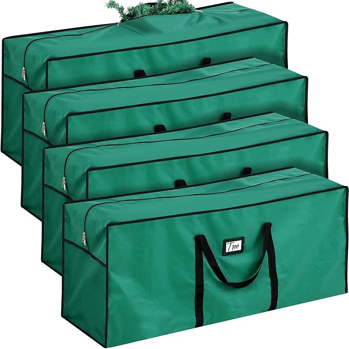 Paterr 4 Pack 7.5 ft Christmas Tree Storage Bags 600d Oxford Heavy Duty Waterproof Disassembled Holiday Tree Storage Box Container with Handles and Zippers(Green)