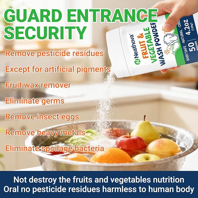 Fruit & Veggie Wash Powder, Natural Organic Produce Cleaner for Pesticides & Wax Removal, Gentle Enough for Baby Food, Fruit vegetable wash,Single Ingredient, 50 Washes, 4.2oz (120g)