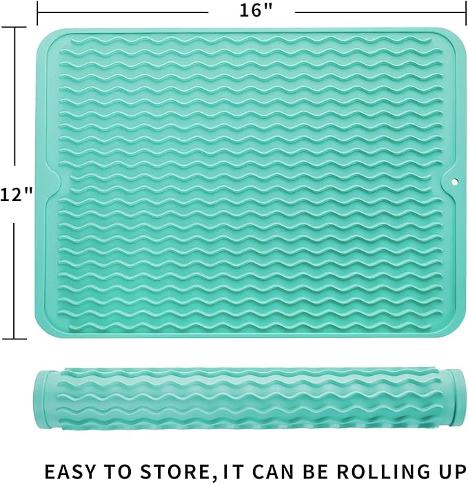 MicoYang Silicone Dish Drying Mat for Multiple Usage,Easy clean,Eco-friendly,Heat-resistant Silicone Mat for Kitchen Counter or Sink,Refrigerator or drawer liner Mint L 16 inches x 12 inches