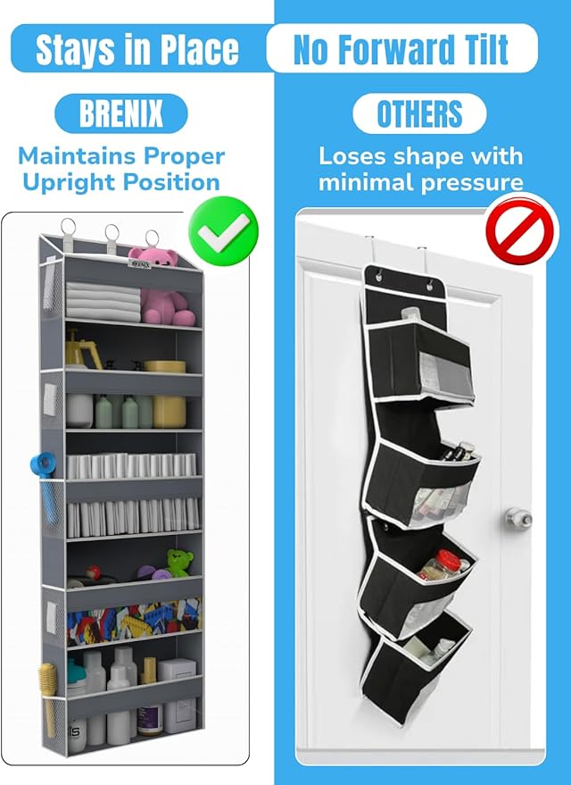 BRENIX Over the Door Organizer with 5 Large Pockets & 10 Mesh Side Pockets – Durable Hanging Storage for Closet, Bathroom, Bedroom, and Nursery– Space Saving Door Storage with Sturdy Metal Hooks.