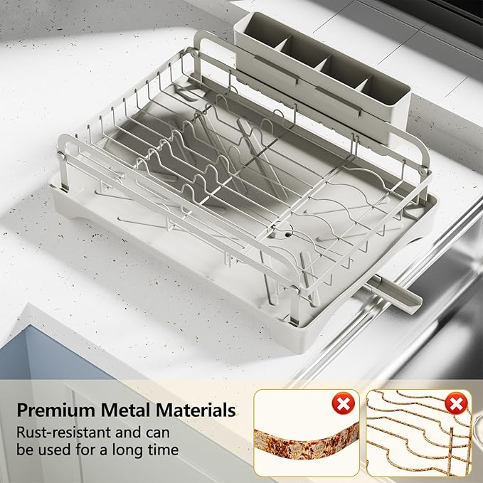 LIYI Dish Rack - Dish Racks for Kitchen Counter, Kitchen Dish Drying Rack Kitchen with Removable Utensil Holder and Drainboard, 16.5" D x 11.6" W x 6.6" H, Grey